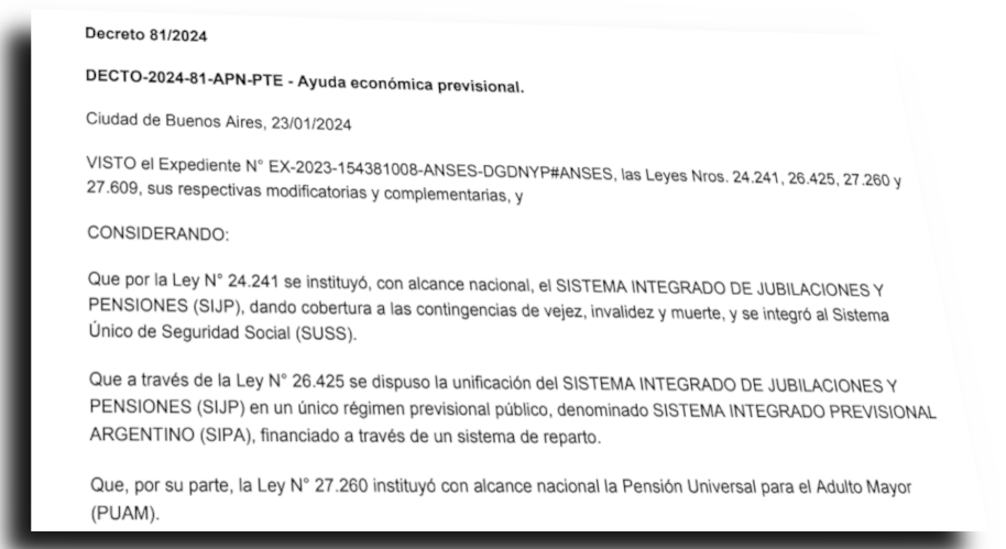 Decreto presidencial publicado en el Boletín Oficial con la oficialización del segundo bono de $55.000 para jubilados y pensionados que cobran la mínima. Este se pagará en Febrero 2024.