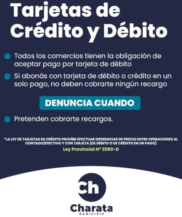 El &Aacute;rea de Defensa del Consumidor del Municipio de Charata recordando informaci&oacute;n importante en el uso de las tarjetas.