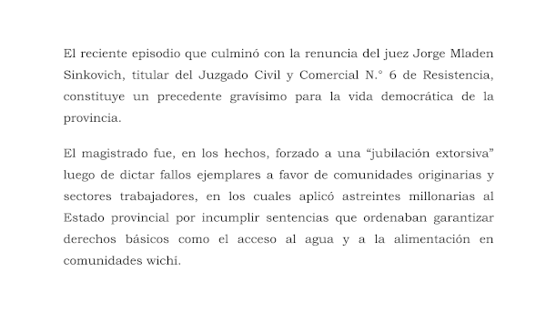 Comunicado de UPCP sobre avasallamiento del Gobierno de Leandro Zdero al Poder Judicial del Chaco.